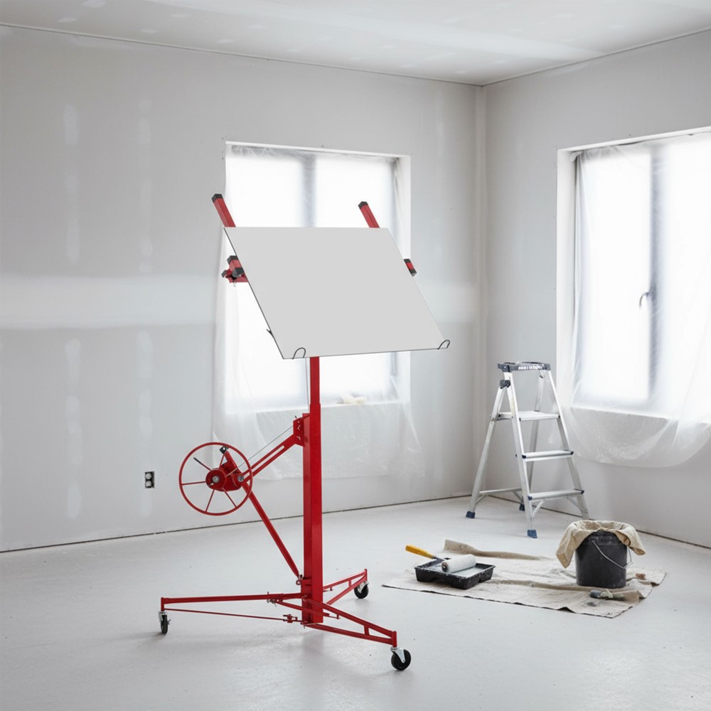 Xxl-gipsplattenheber – 124 X 137 X 140 Cm – Höhe 350 Cm – Tragkraft 68 Kg – Neigung 60° – Ausziehbare Stütze 2,9 M – Rot