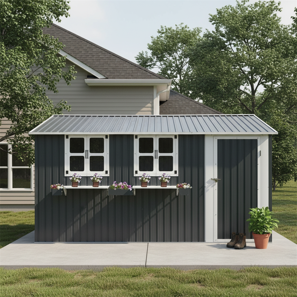 Gartenhaus – 370,8 X 303,8 X 204,9 Cm – Geräteschuppen Aus Verzinktem Stahl Mit 3 Fenstern Und Regal – Anthrazitgrau