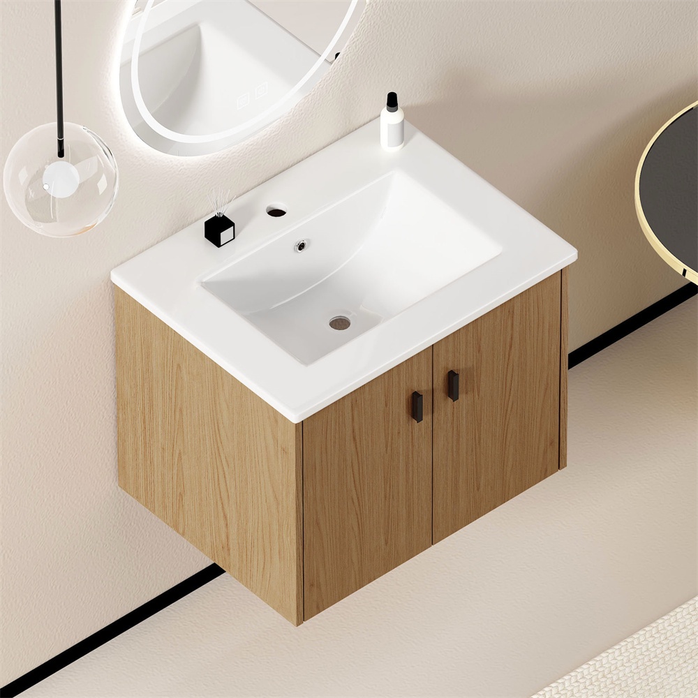 Badezimmerschrank – 60 Cm – Waschtischunterschrank Mit 2 Türen Mit Soft-close-funktion Und Keramikplatte – Helle Eiche