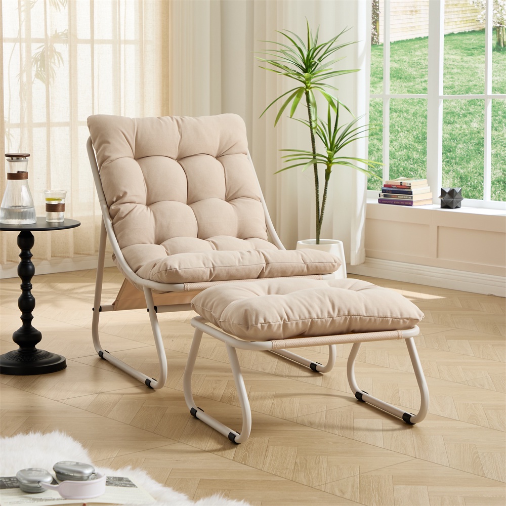 Gartensessel Mit Fußstütze – 65 X 78 X 86 Cm - Verstellbarer Liegestuhl Mit Weichem Kissen – Stahl & Baumwolle – Beige