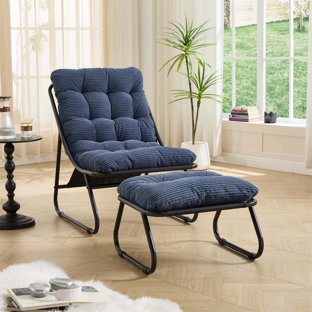 Gartenliegestuhl Mit Fußstütze – 65 X 78 X 86 Cm – Relax-liegestuhl Mit Weichem Kissen – Stahl & Geripptes Velours – Marineblau
