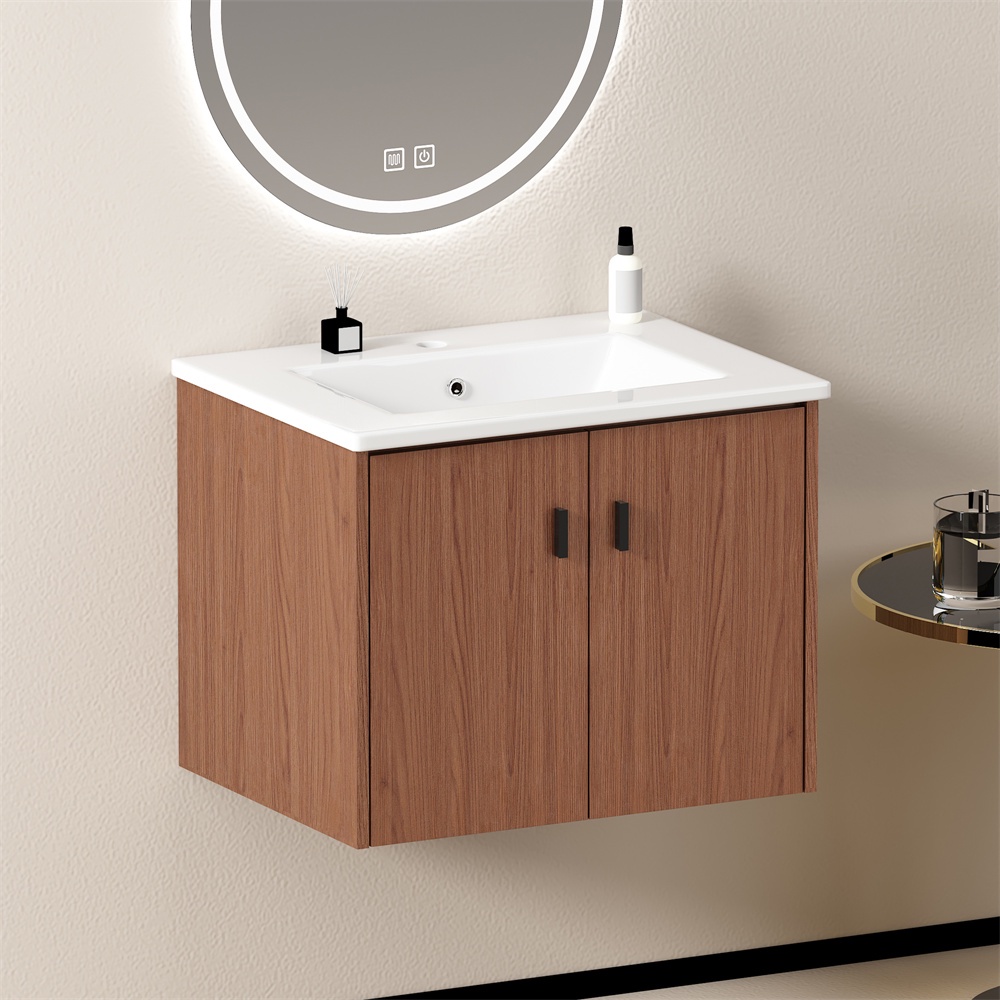 Badezimmerschrank – 60 Cm – Waschtischunterschrank Mit 2 Türen Mit Soft-close-funktion Und Keramikplatte – Rotbraun