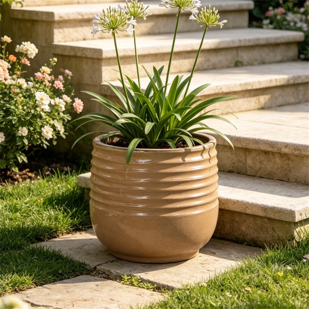 Keramik-blumentopf – 36 X 36 X 31 Cm – Handgefertigter Übertopf Für Den Außenbereich, Garten Und Terrasse, Wellenmuster, Großes Modell – Hellbraun