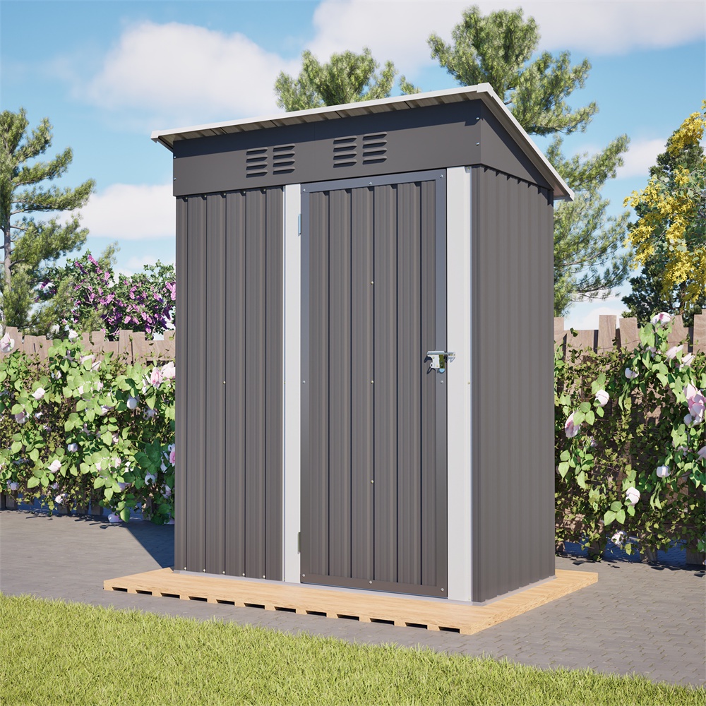 Gartenhaus Aus Metall – 152 X 84 X 182 Cm – Aufbewahrungshäuschen Für Den Außenbereich Mit Flachdach Und Abschließbarer Tür – Dunkelgrau