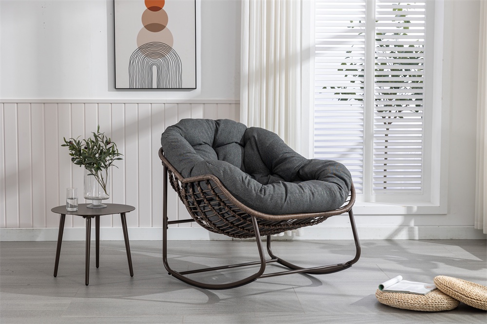 Design-rattan-schaukelstuhl In Eiform – Xl – Dickes Kissen In Dunkelgrau – Robuste Stahlkonstruktion – Dunkelgrau