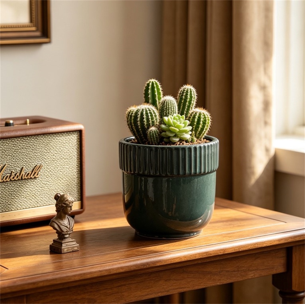 Handgefertigter Keramik-blumentopf – Ø 23 X 22 Cm – Kleiner Atmungsaktiver Topf Mit Geriffeltem Rand – Dunkelgrün