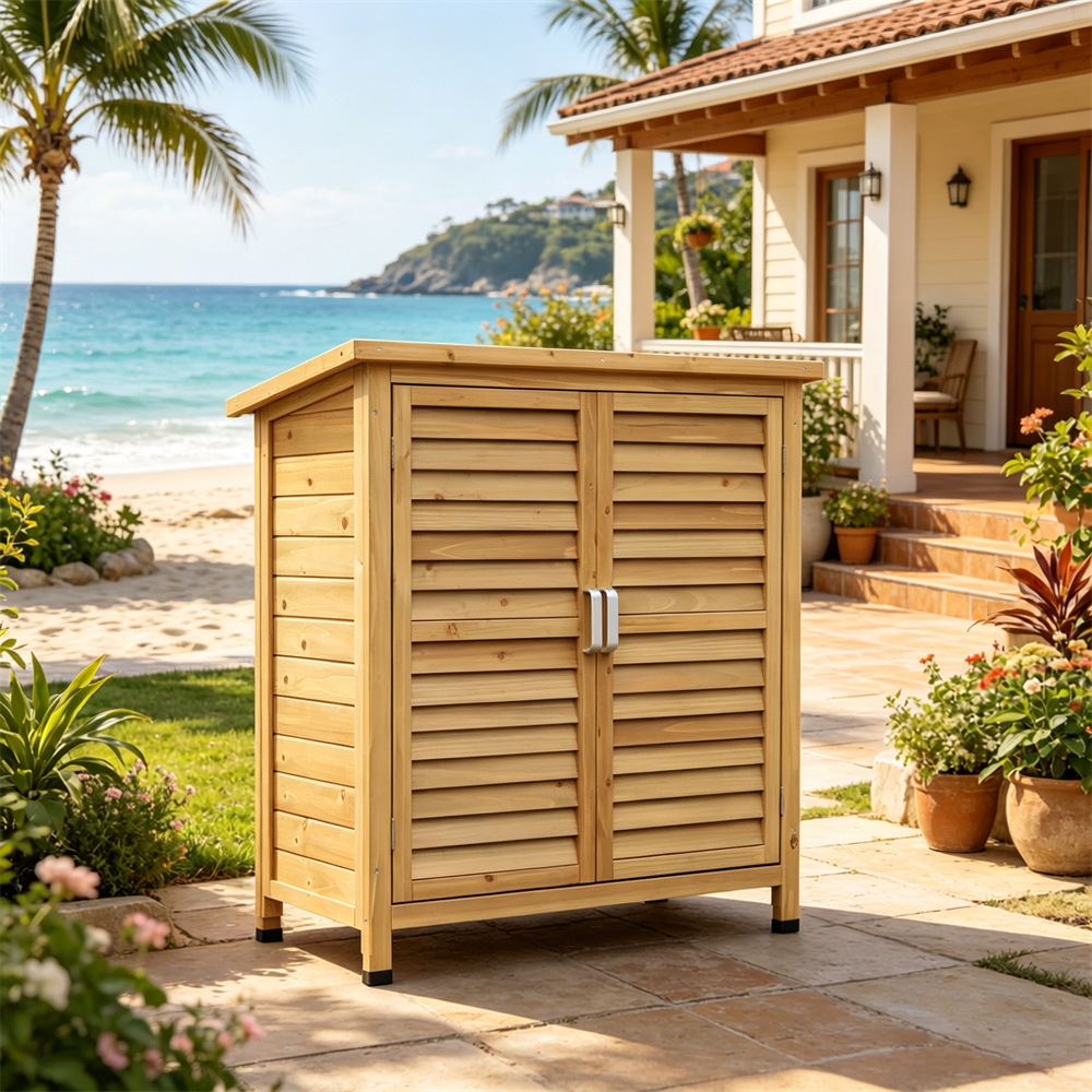 Gartenhaus Aus Holz – Wasserdichter Aufbewahrungsschrank Für Den Außenbereich Mit Bitumendach Und Regal Für Werkzeuge – Gelb