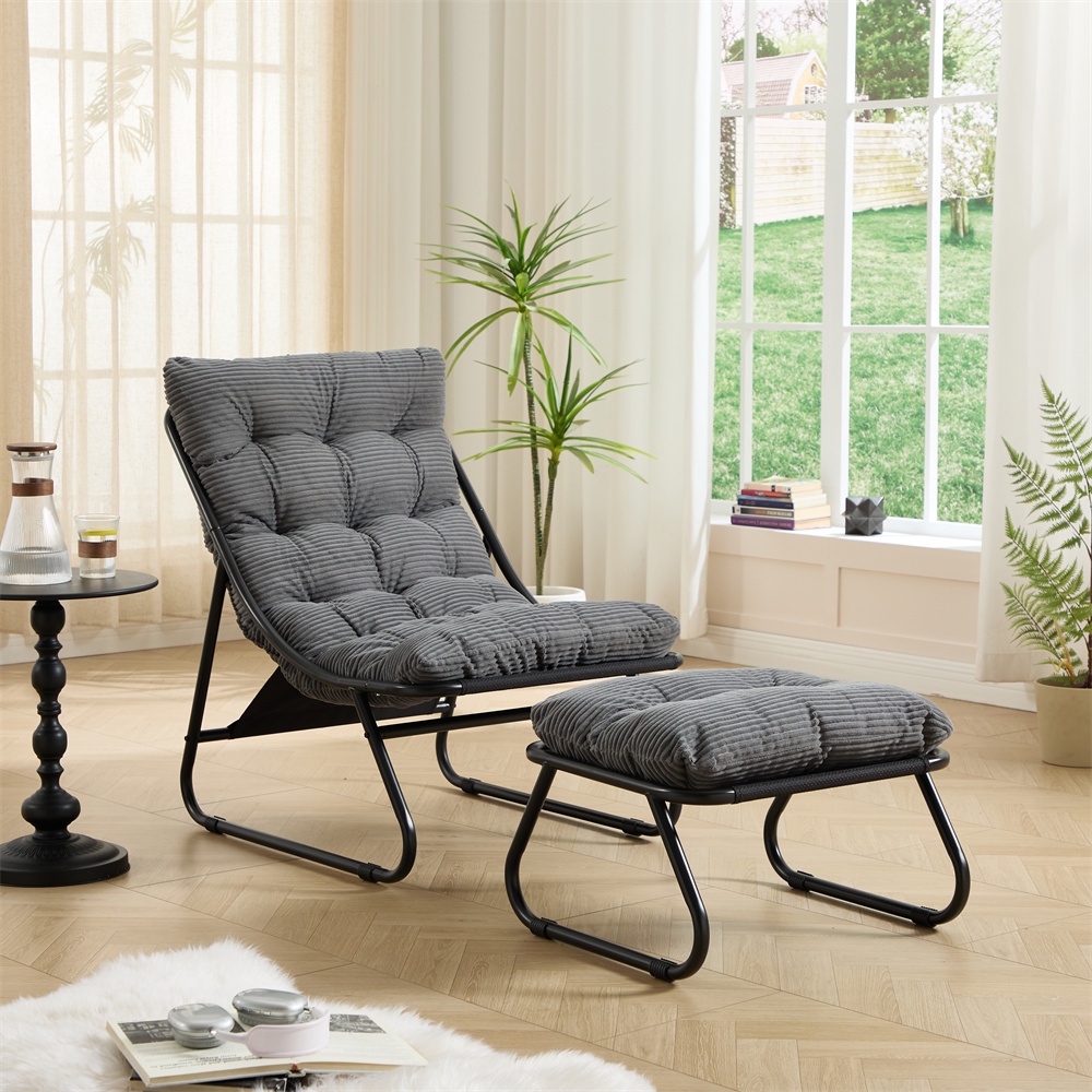 Gartensessel Mit Fußstütze – 65 X 78 X 86 Cm – Relax-liegestuhl Mit Weichem Kissen – Stahl & Geripptes Velours – Grau