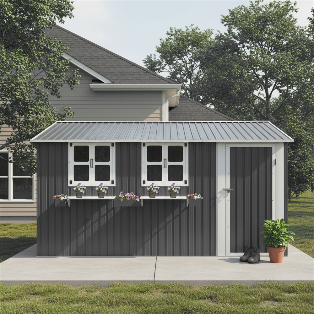 Gartenhaus – 370,8 X 303,8 X 204,9 Cm – Großes Gartenhaus Aus Verzinktem Stahl Mit 3 Fenstern Und Regal Für Den Außenbereich – Grau