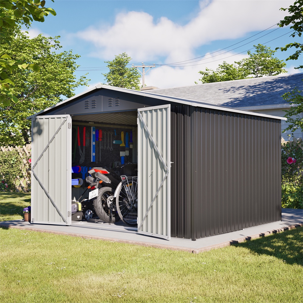 Gartenhaus Aus Metall Xxxl – 300 X 252 X 191 Cm – Geräteschuppen Mit Satteldach Und Schiebetüren – Grau