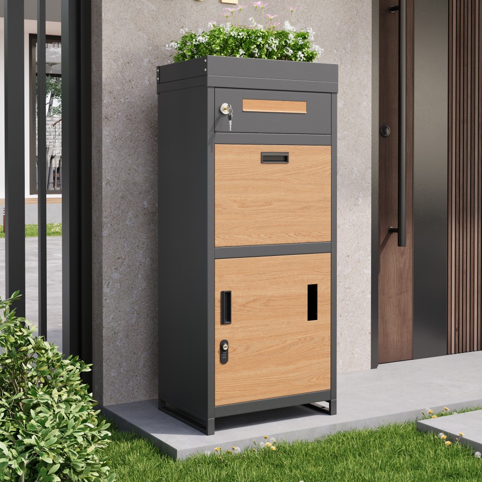 Briefkasten Mit Pflanzkübel – 50 X 37 X 118,5 Cm – Grauer Verzinkter Stahl Und Holz – Codeschloss Im Outdoor-design