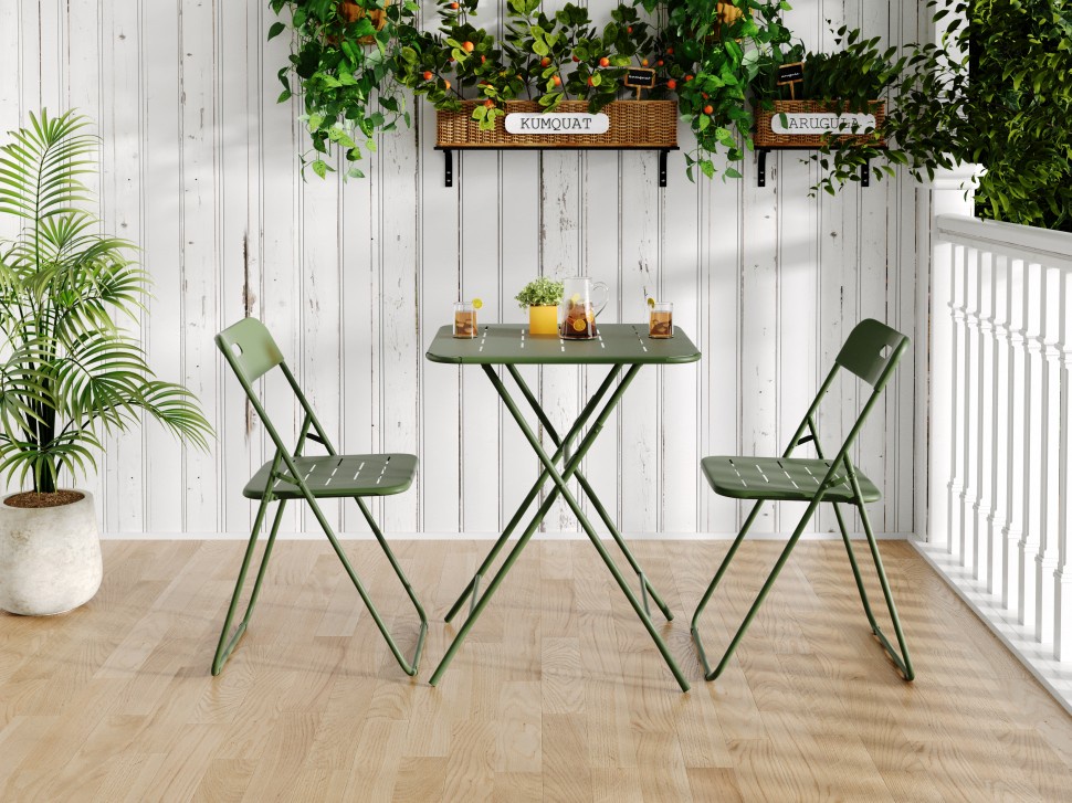 3-teiliges Garten-bistro-set – Tisch 60 X 60 Cm Und 2 Stühle – Klappbar, Wetterfest, Stahl Mit E-coating-beschichtung – Grün