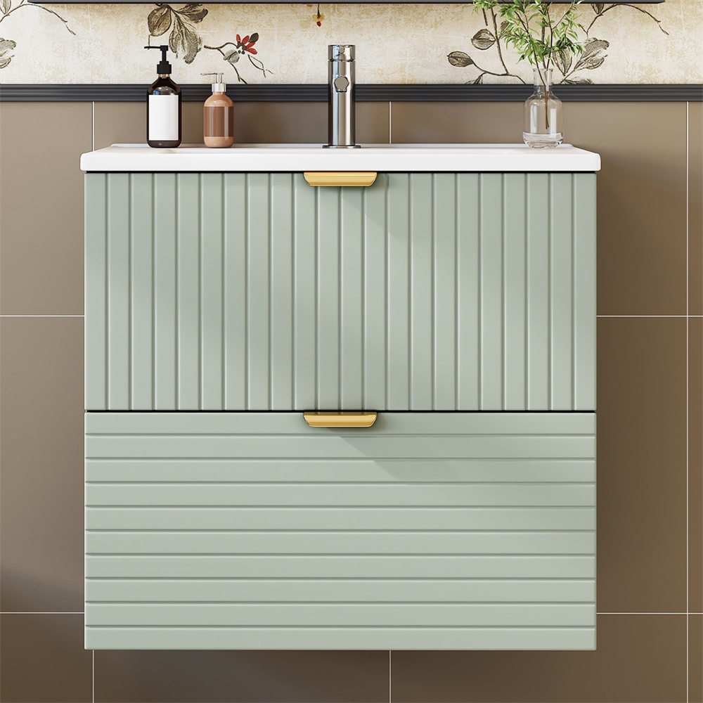 Hängender Badezimmerschrank – 61 X 46 X 57 Cm – Lackiertes Mdf Mit Keramikwaschbecken Und 2 Schubladen Mit Soft-close-funktion – Minzgrün