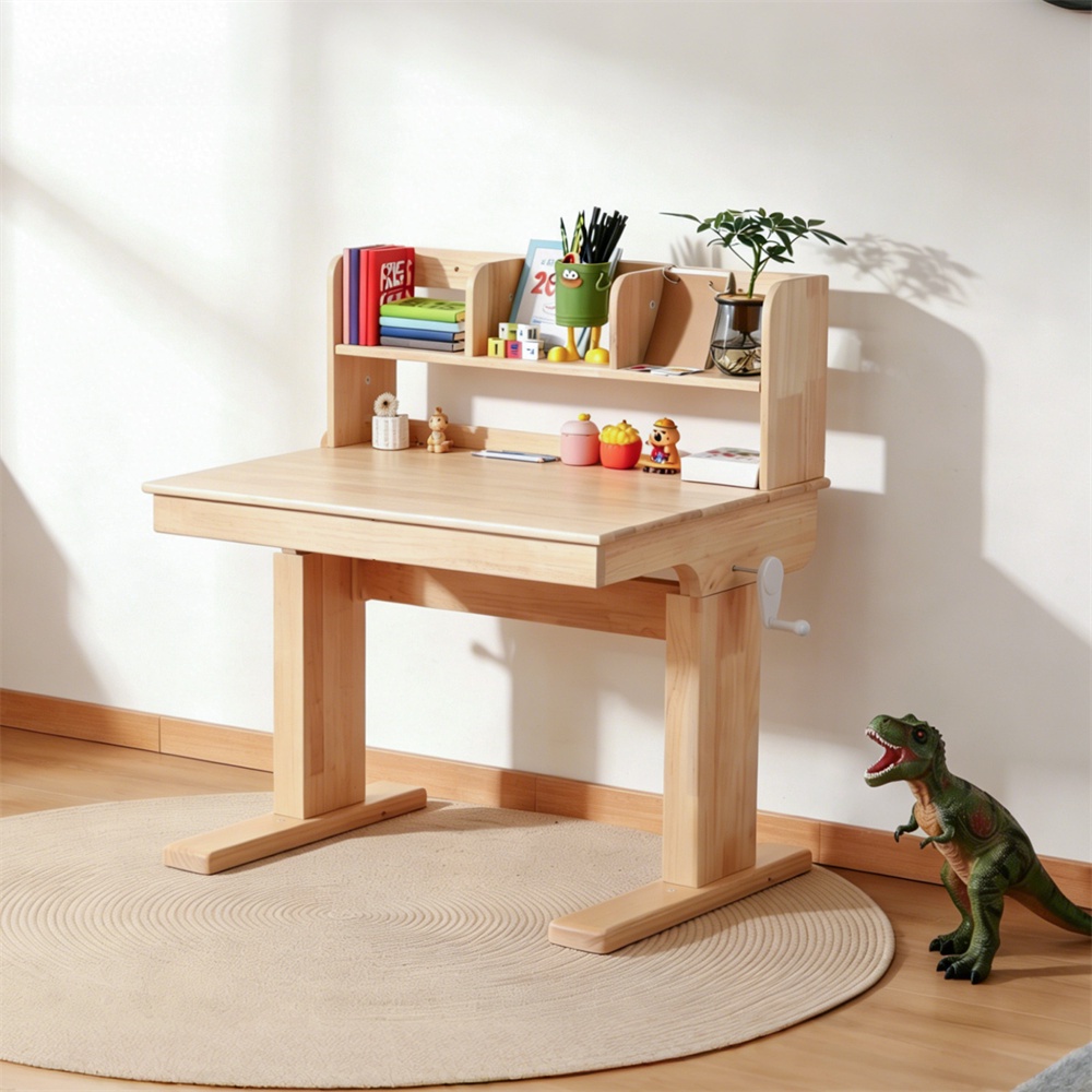 Kinderschreibtisch – 92 X 60 X 89 Cm – Mitwachsend, Per Kurbel Verstellbar, Mit Neigbarer Tischplatte (0–43°) Und Stauraum Aus Massivholz – Natur
