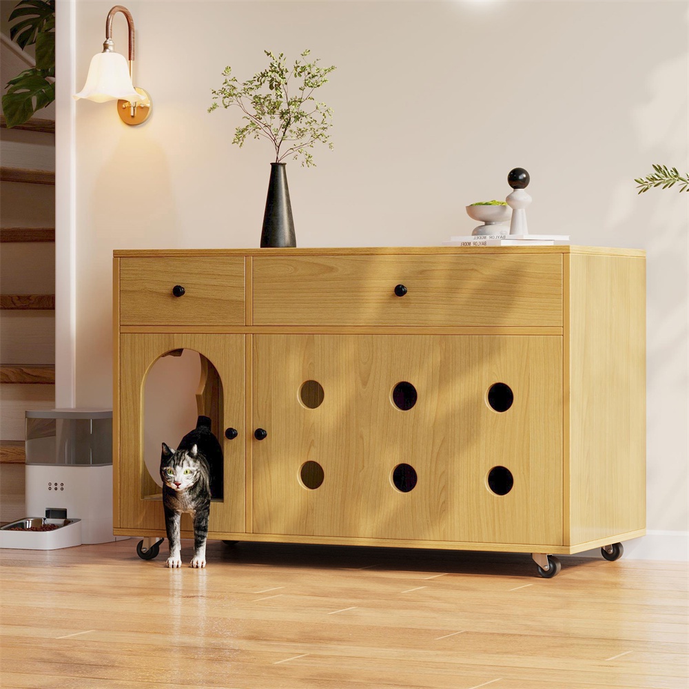 Katzenklo-schrank – 100 X 45 X 66 Cm – Katzenklo-abdeckung Mit Auffangwanne Und Schubladen – Naturholz & Ahorn