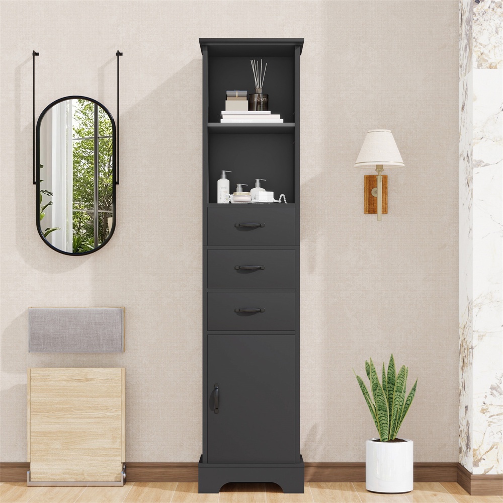 Badezimmerschrank 38 X 26 X 172,5 Cm – Hoher Hochschrank Mit Schubladen Und Offenen Fächern – Schwarz