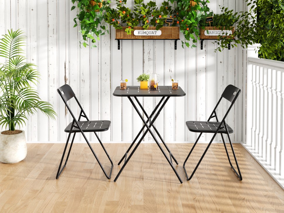3-teiliges Garten-bistro-set – Tisch 60 Cm Und 2 Klappstühle – Stahl Mit E-coating-beschichtung – Schwarz