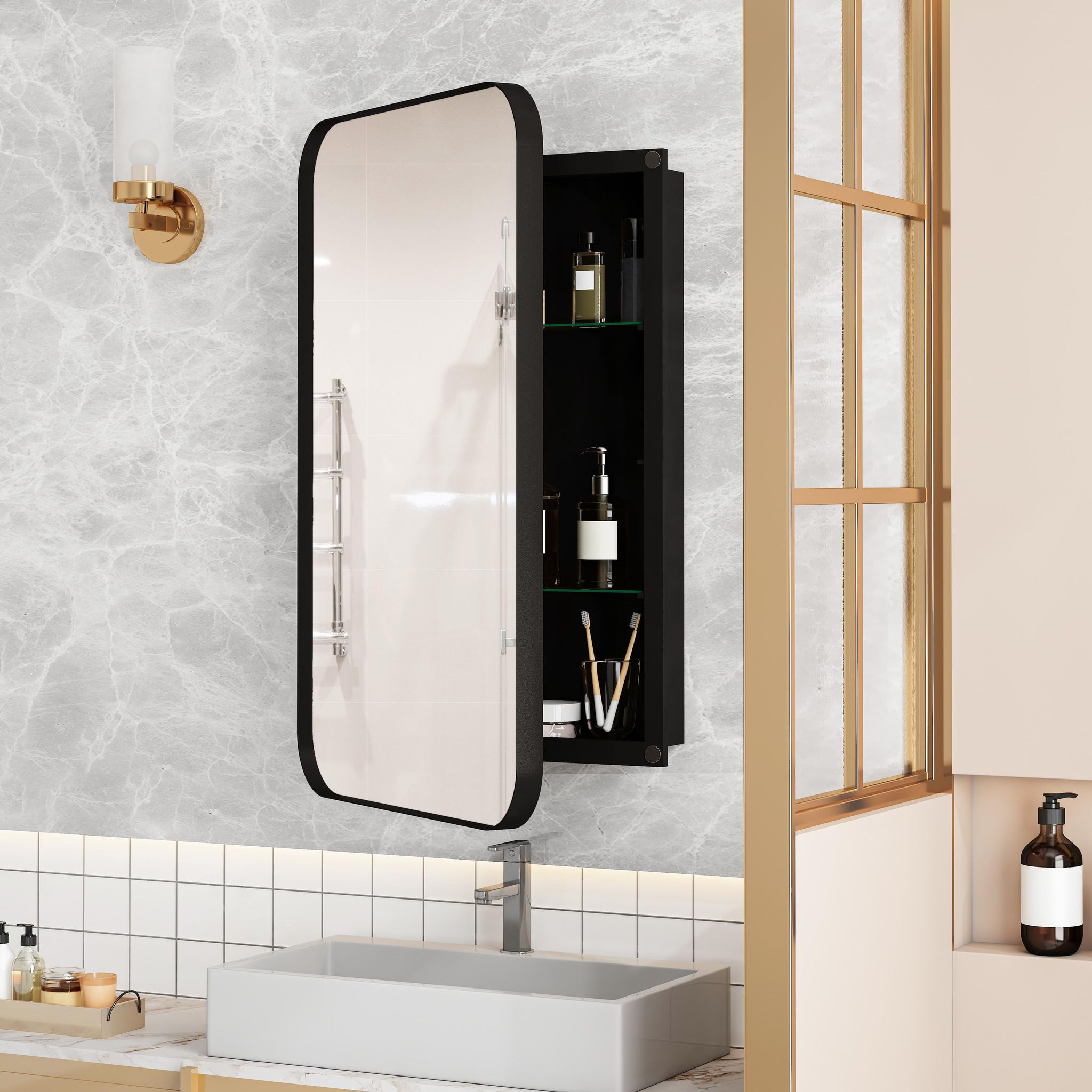 Wandschrank Für Das Badezimmer Mit Spiegel – 76 X 51 X 12 Cm – Metallrahmen, Spiegel Und Verstellbare Einlegeböden – Schwarz