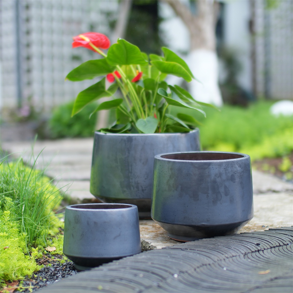 3er-set Handgefertigte Keramik-blumentöpfe – Ø 38/28/22 Cm – Konische, Matte Töpfe – Antikschwarz