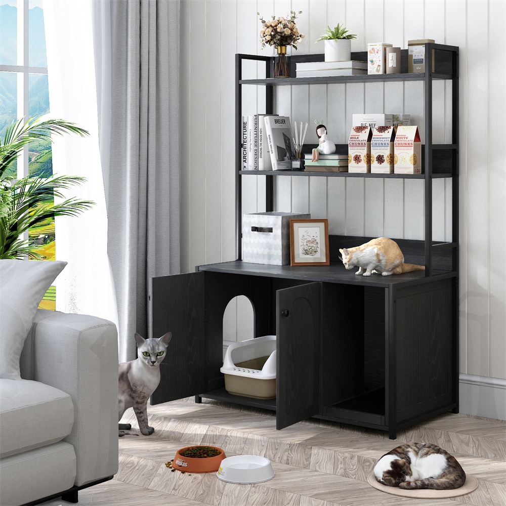 Möbelstück Mit 3-stufigem Regal – Katzen-toilettenhaus Xl – Holz Und Metall – Mit Kratzbaum Und 2 Türen – Schwarz