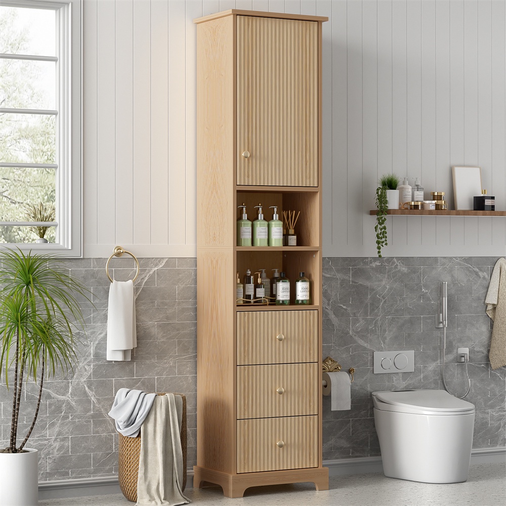 Badezimmerschrank 40 X 30 X 172 Cm – Vertikales Streifenmuster, 3 Schubladen, 1 Tür, 2 Nischen – Naturholzfarbe