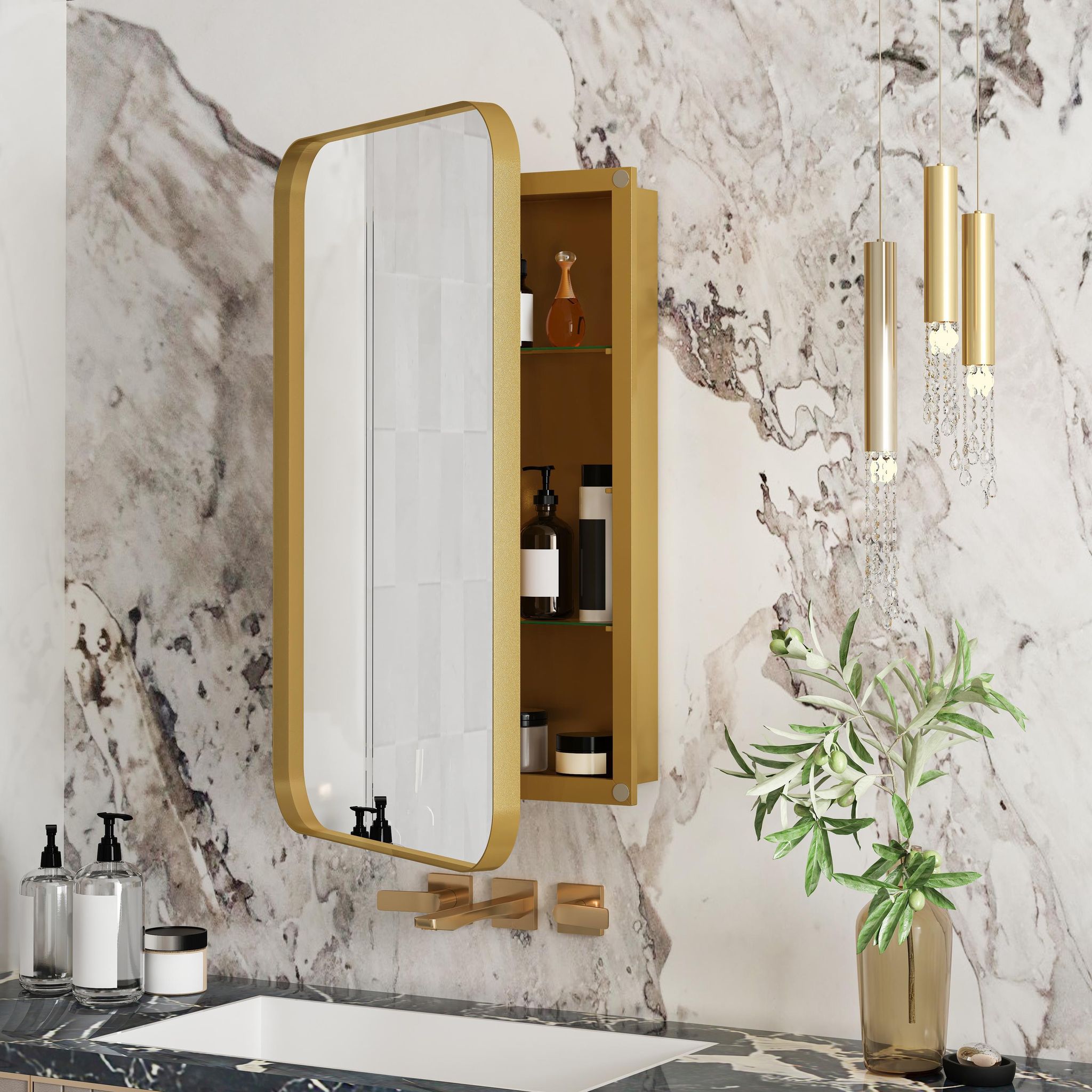 Badezimmer-wandschrank Mit Spiegel – 76 X 51 X 12 Cm – Integrierte Apothekenablage – Metallrahmen, Spiegel Und Verstellbare Einlegeböden – Goldfarben