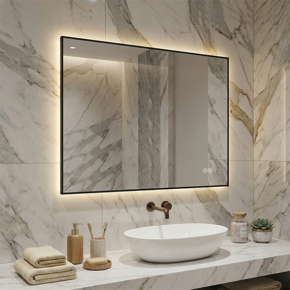 Led-badezimmerspiegel 60 X 80 Cm – Aluminiumrahmen, Hinterleuchtet, Beschlagfrei, Dimmbar, 3 Farben, Speicherfunktion – Silber