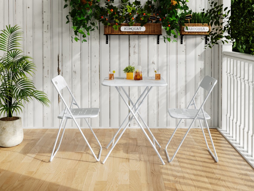 3-teiliges Garten-bistro-set – Tisch 60 Cm Und 2 Klappstühle – Stahl Mit E-coating-beschichtung – Weiß