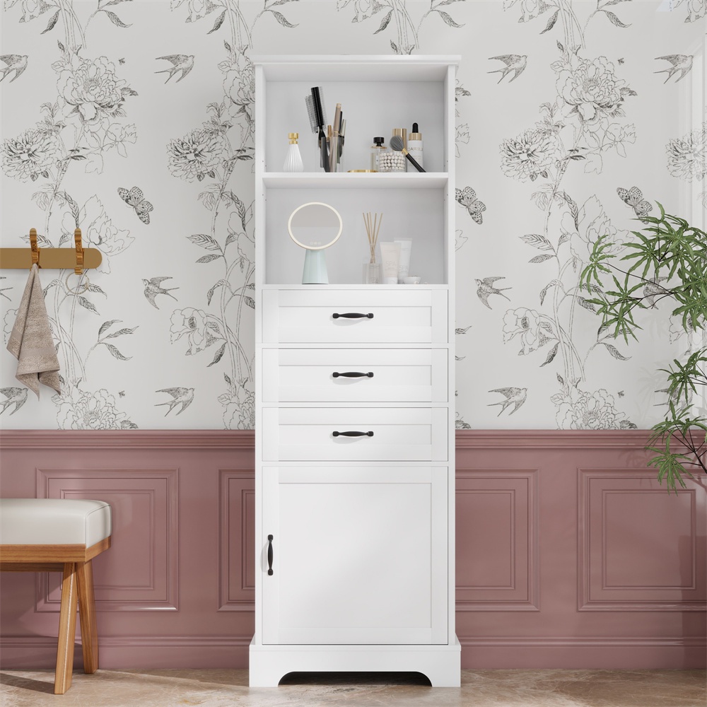 Badezimmerschrank 56 X 25,6 X 167 Cm – Hoher Aufbewahrungsschrank Mit Schubladen, Regalböden Und Erhöhten Füßen – Weiß