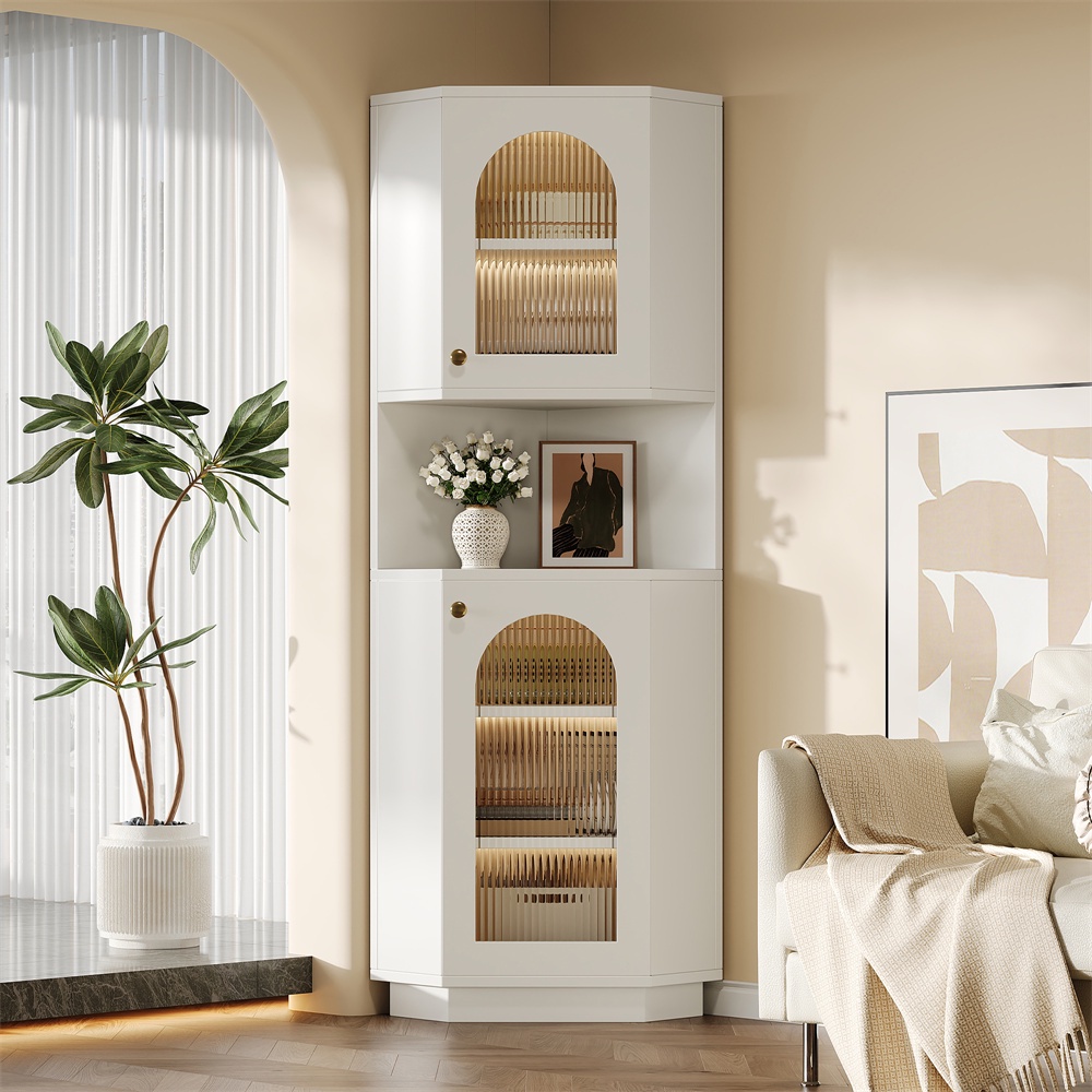 Eck-badezimmerschrank Mit Led-beleuchtung – 45 X 45 X 166,5 Cm – Verstellbare Einlegeböden – Platzsparendes Design – Weiß