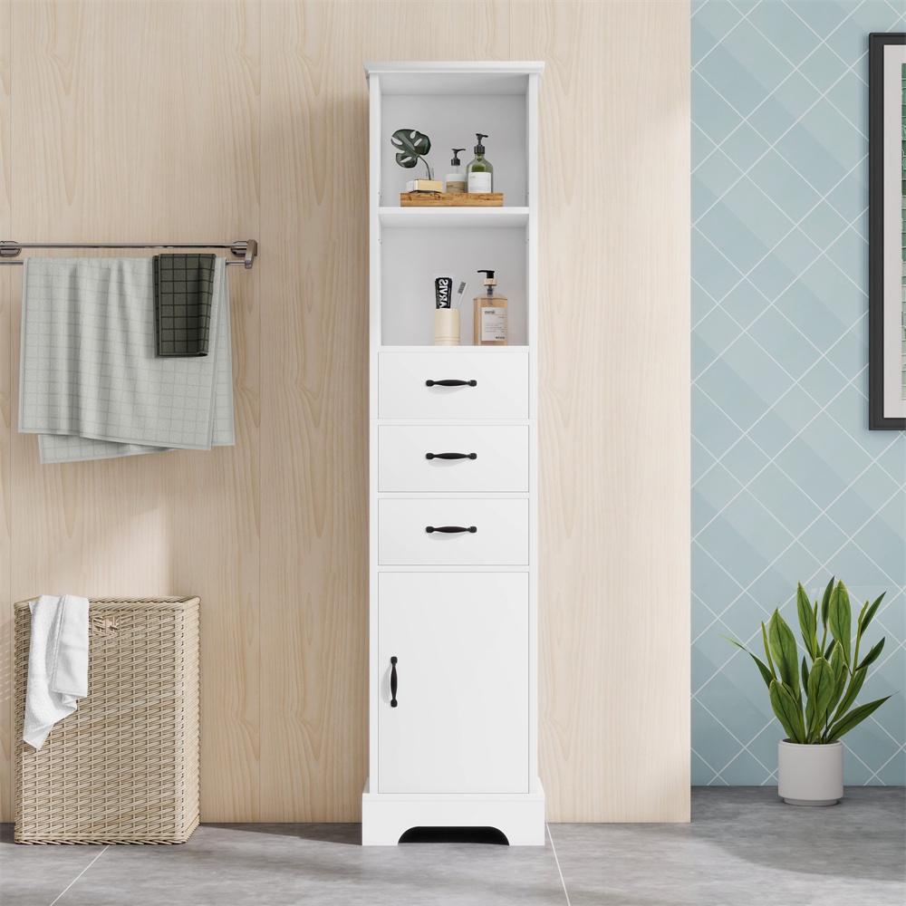 Badezimmerschrank 38 X 26 X 172,5 Cm – Hoher Hochschrank Mit Schubladen Und Offenen Fächern – Weiß