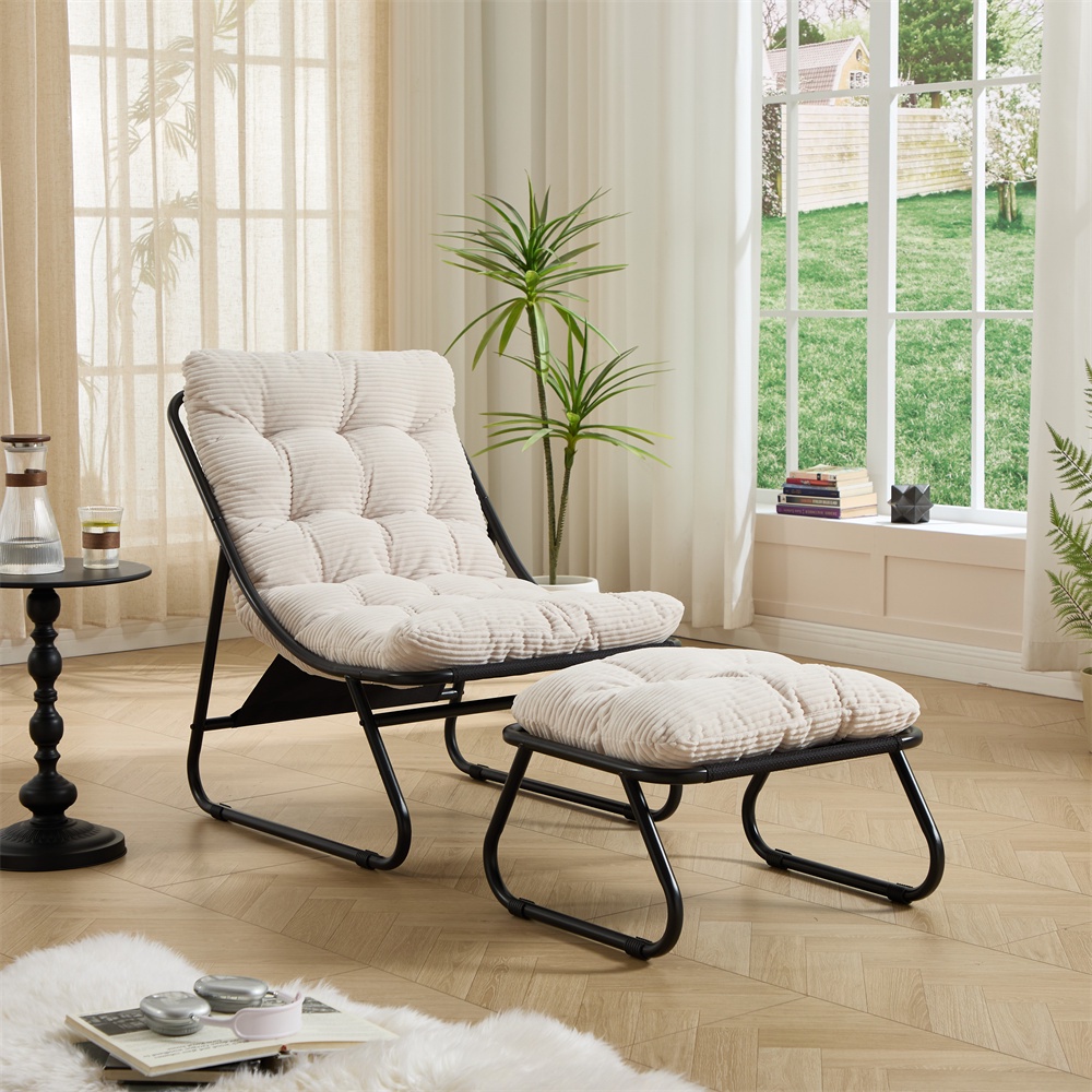 Gartensessel Mit Fußstütze – 65 X 78 X 86 Cm - Relax-liegestuhl Mit Weichem Kissen – Stahl & Geripptes Velours – Weiß
