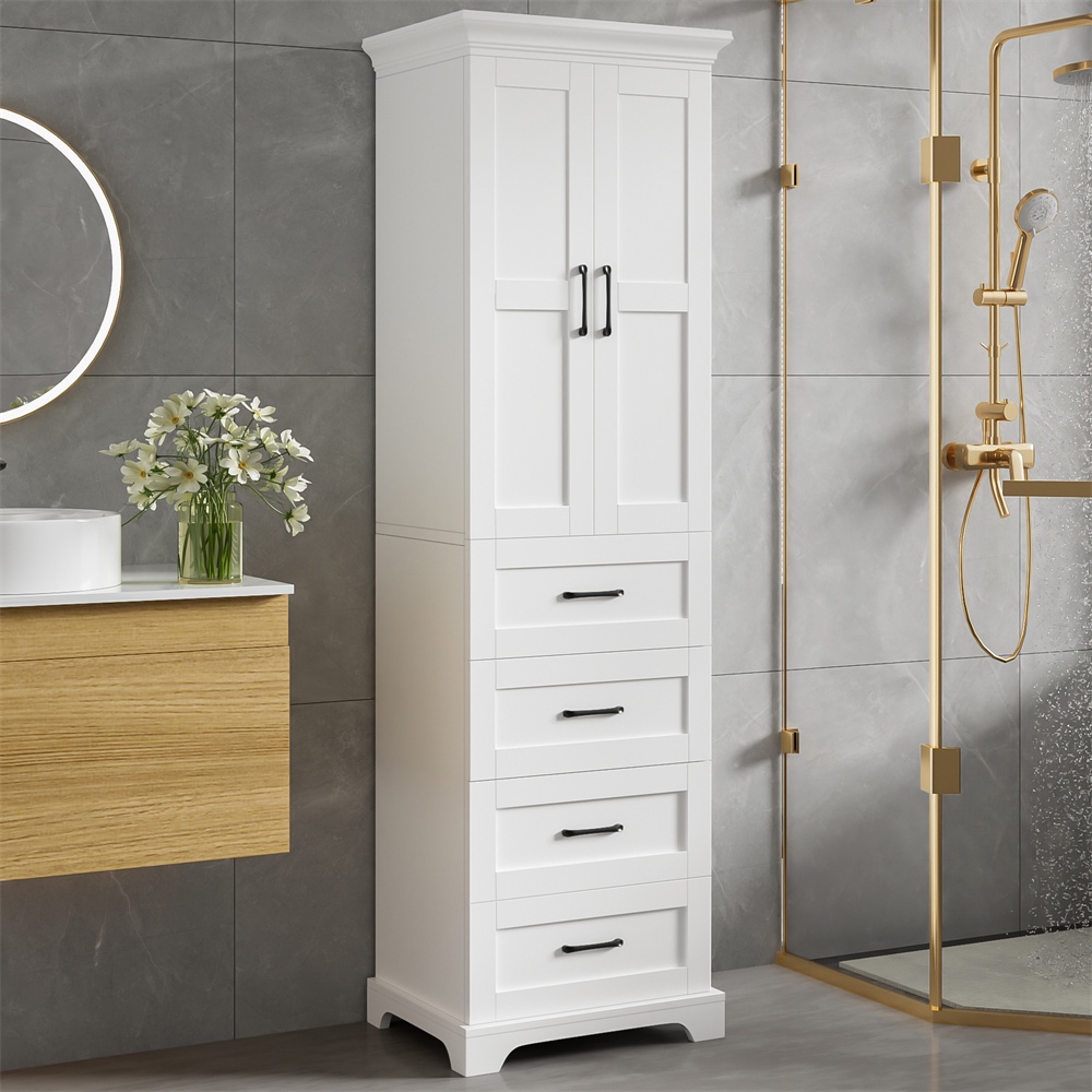 Hoher Badezimmerschrank – 57 X 38 X 180 Cm – Mdf-stauraum-säule Mit 3 Schubladen Und Verstellbaren Einlegeböden – Weiß