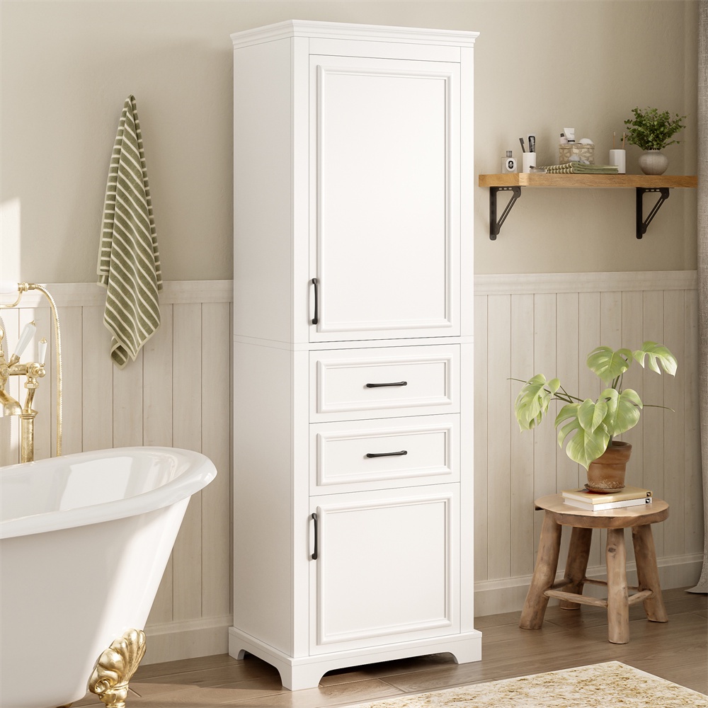 Hoher Badezimmerschrank 60 X 40 X 180 Cm – 2 Türen, 2 Schubladen Mit Soft-close-scharnieren Und Verstellbaren Einlegeböden – Weiß