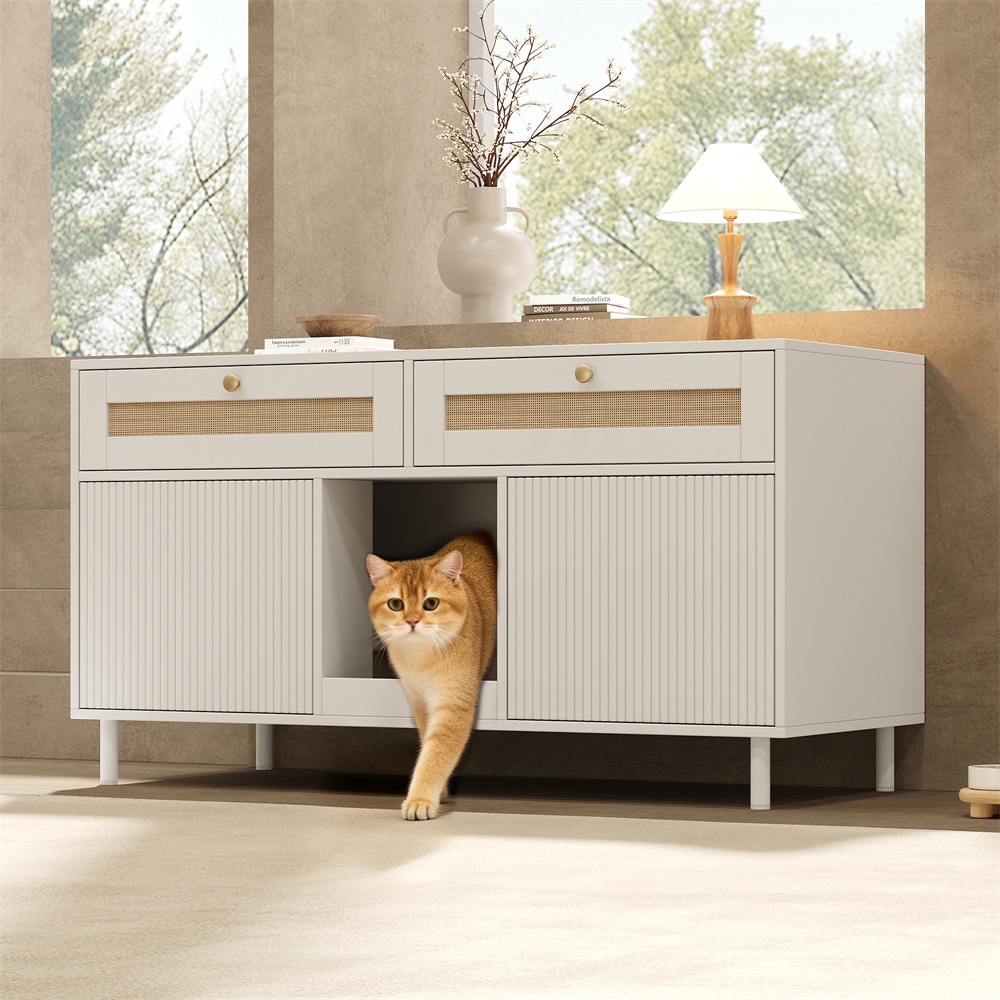 Katzenklo-möbel – 120 X 50 X 65 Cm – Katzenklo-abdeckung Mit Rattan-schublade Und Stauraum – Modernes Sideboard In Weiß