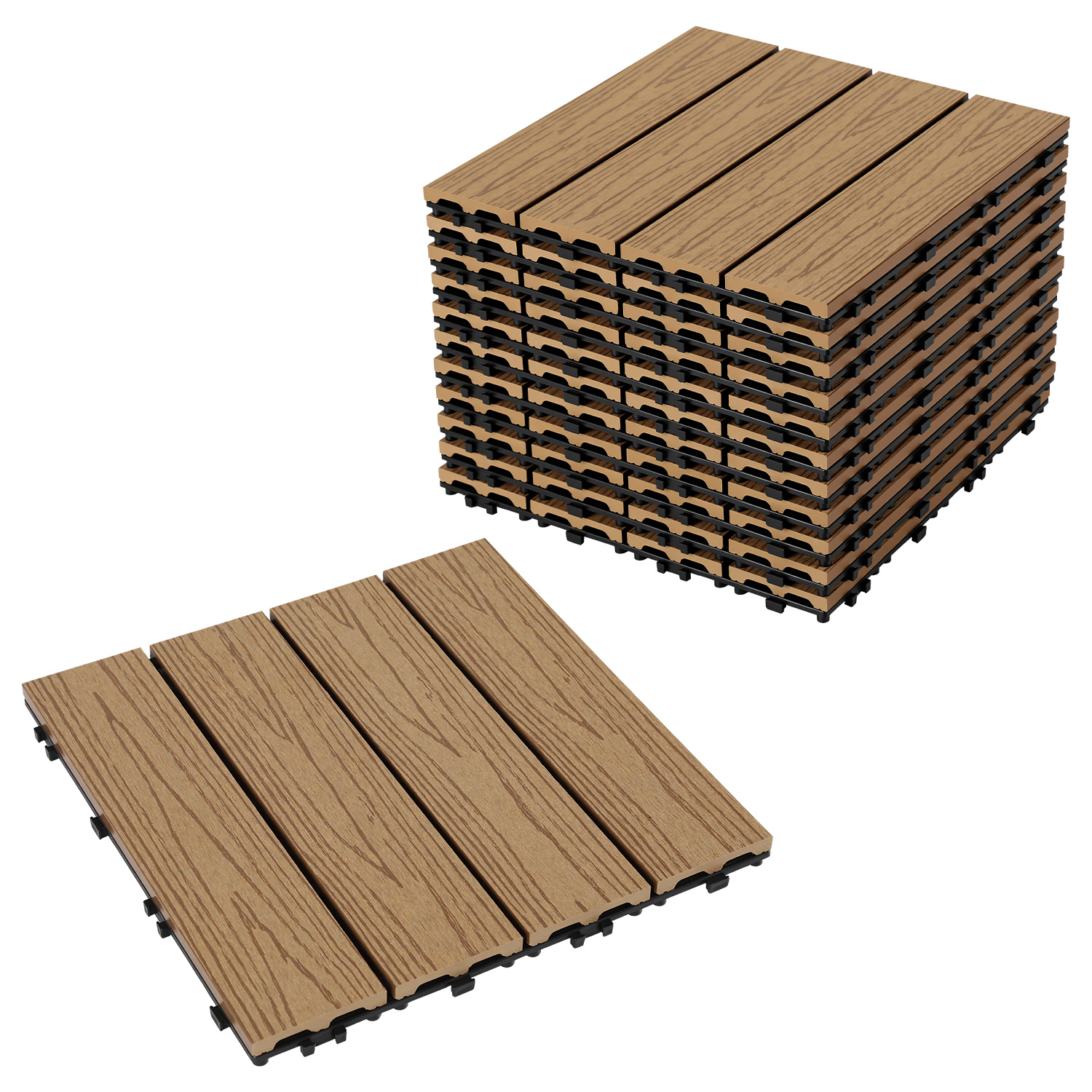 Jaxguom Wpc Terrassenfliesen 3 M², 30 X 30 Cm 33 Stücke, Terrassendielen Mit 4 Latten In Geprägte Holzoptik, Für Garten Balkon Bodenbelag Mit Drainage Und Klicksystem, Teak