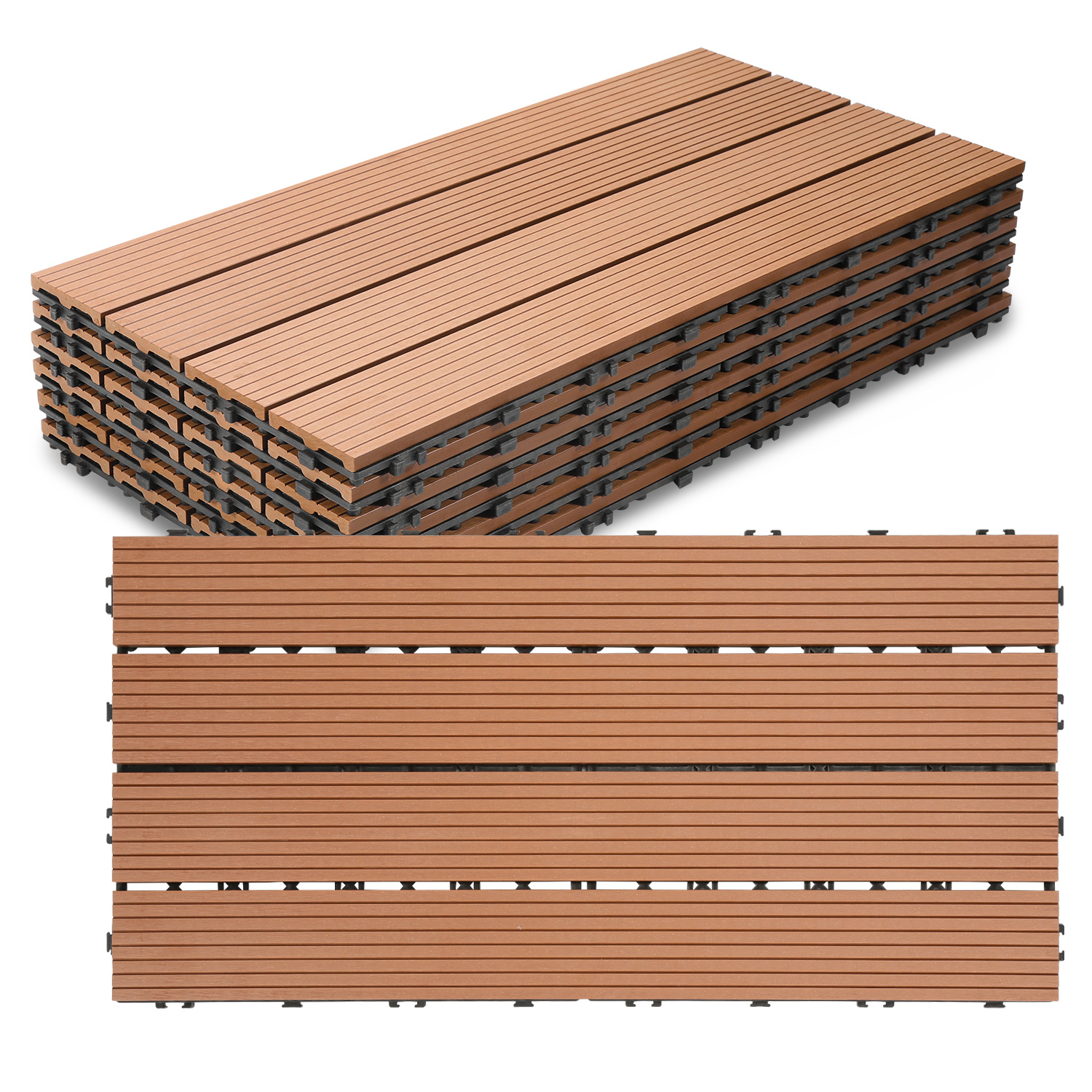 Jaxguom Wpc Terrassenfliesen 5 M², 30 X 60 Cm 30 Stücke, Terrassendielen Mit 4 Latten In Holzoptik, Für Garten Balkon Bodenbelag Mit Drainage Und Klicksystem, Braun