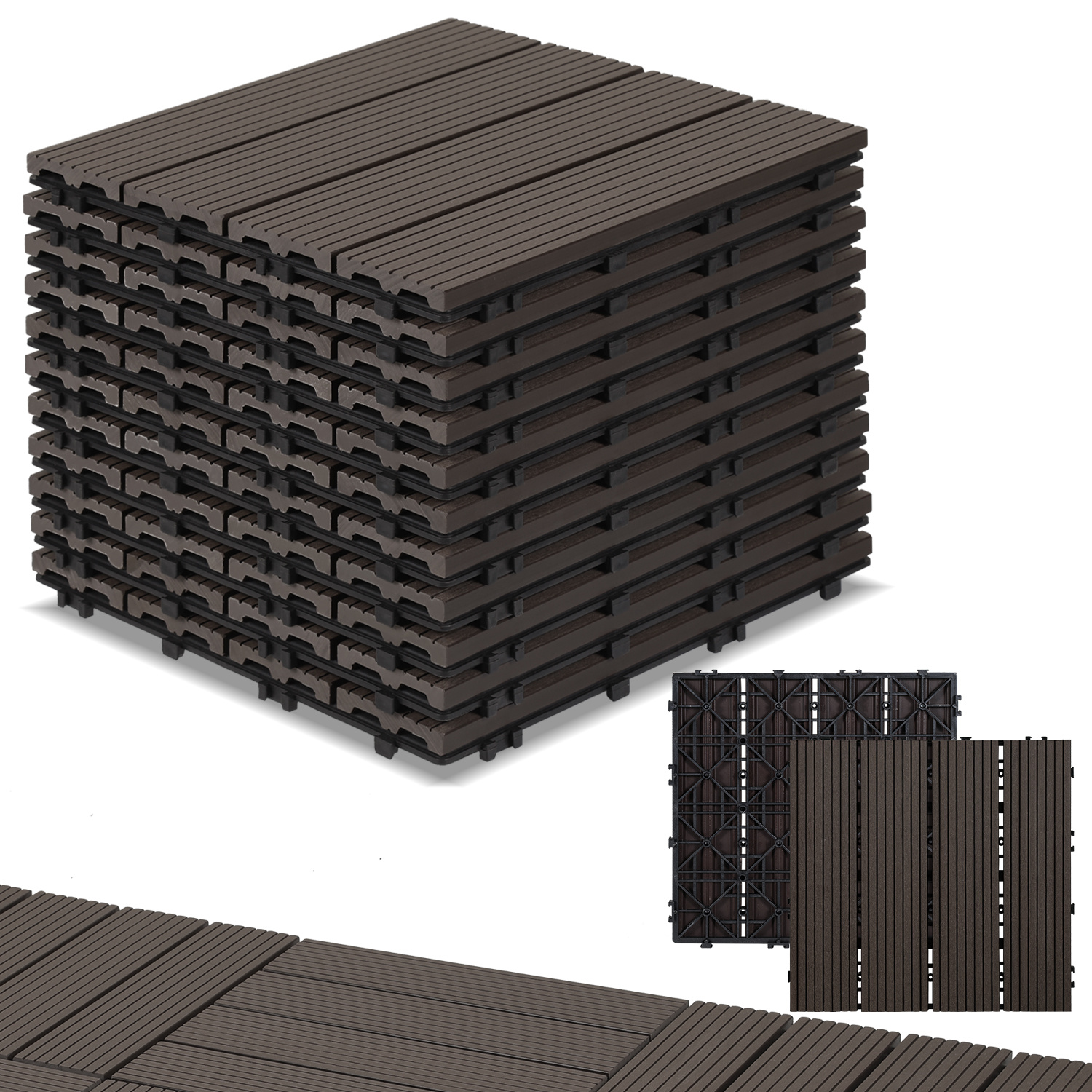 Jaxguom 33pcs Wpc Terrassenfliesen Für Garten Balkon Bodenbelag 30x30cm Dunkelbraun Mit Drainage Und Klicksystem