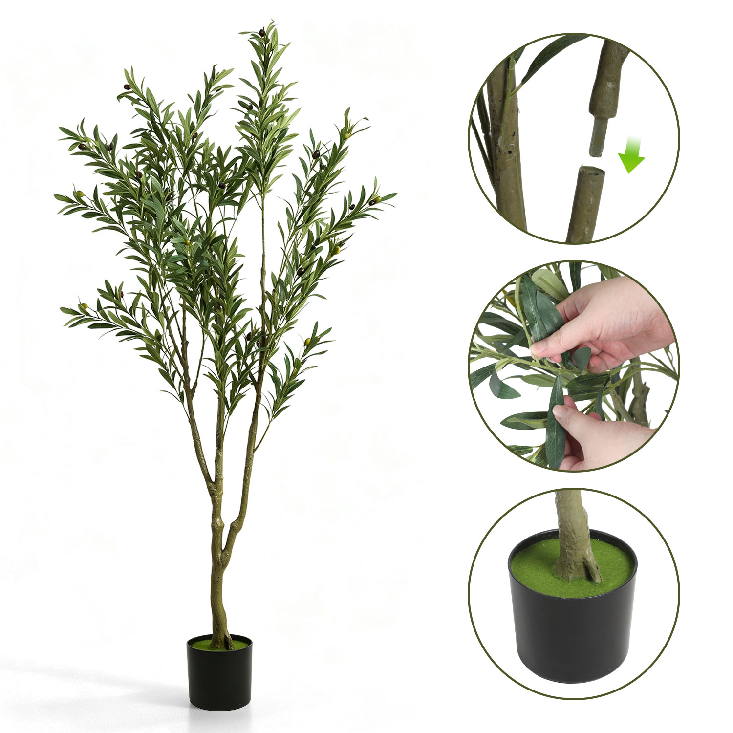 Jiubiaz Künstlicher Olivenbaum 180 Cm Im Topf, Kunstpflanze Mit 3 Zweigen Und 865 Blättern, Dekorativer Kunstbaum Für Wohnzimmer, Büro Und Eingang