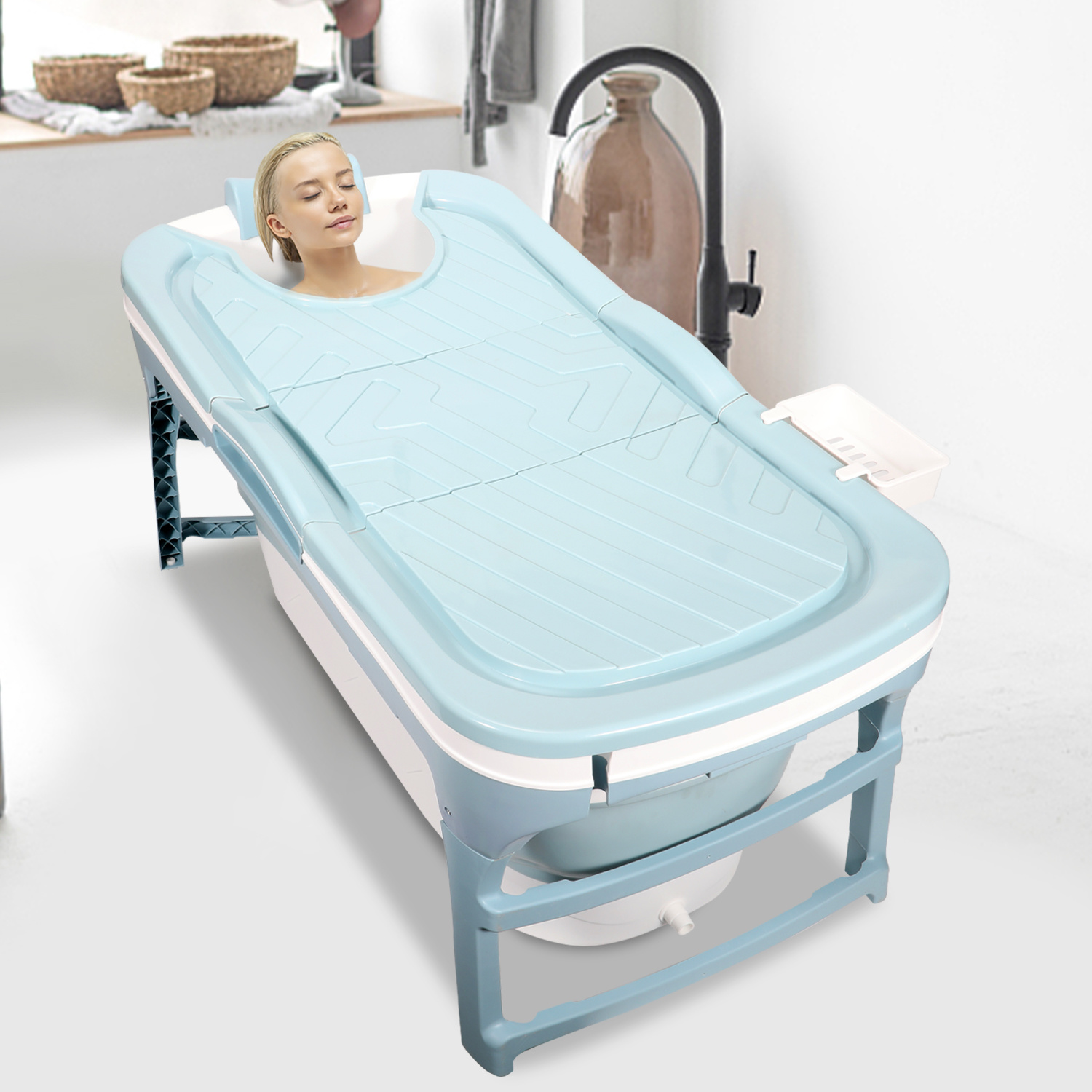 Jiubiaz Badewanne Erwachsene Faltbar 118 Cm L, Faltbadewanne Mit Abdeckung Und Ablaufrohr Fürs Badezimmer