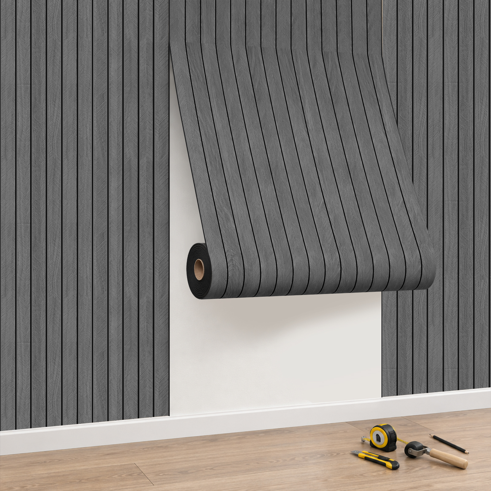 Jiubiaz 3d Wandpaneel Dekor Dunkelgrau Wandpaneel Selbstklebend Holzoptik Holzlatten-tapete In Rolle 300x60cm
