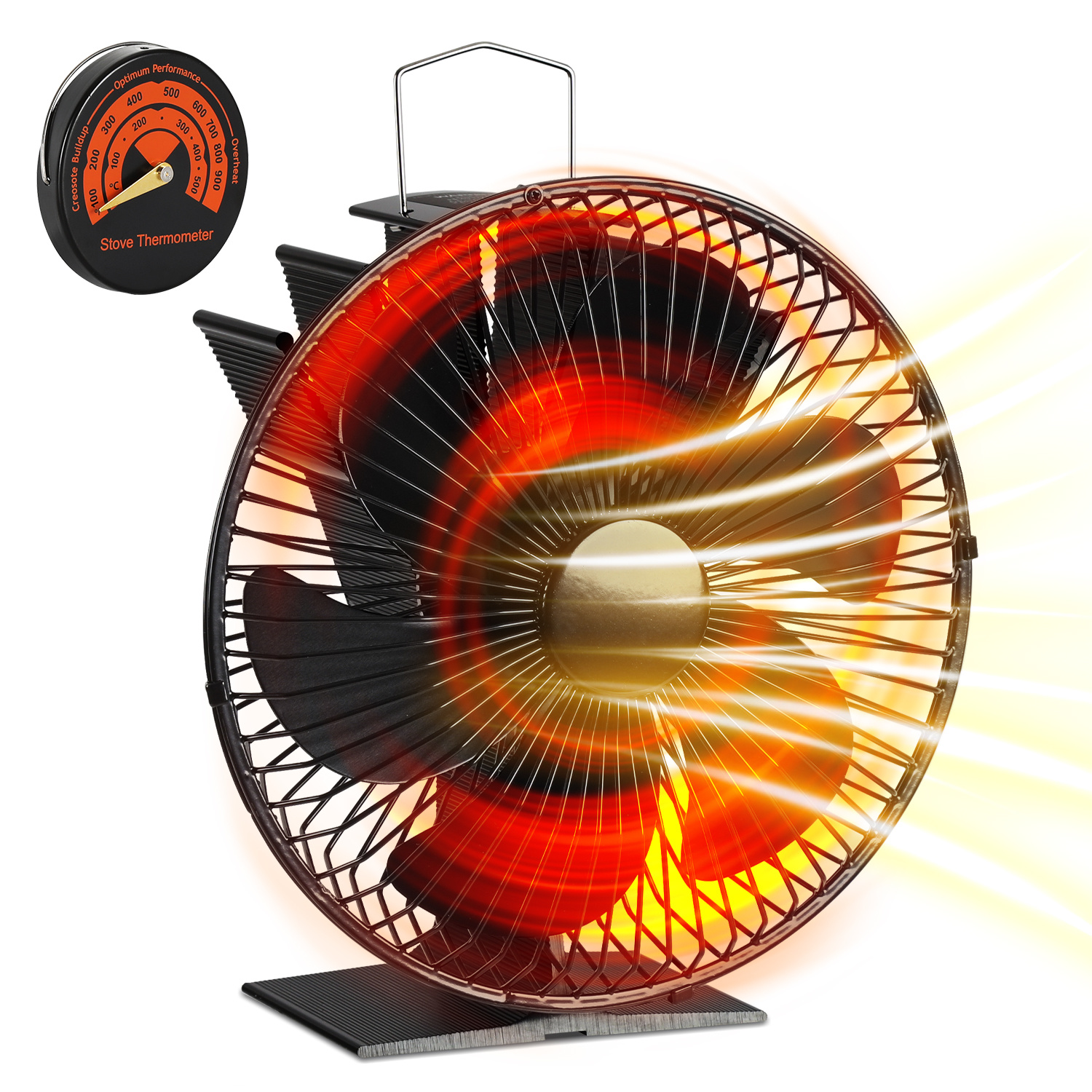 Jiubiaz 6-flügel Kaminventilator Mit Schutzgitter, Wärmebetrieben Und Geräuscharm, Mit Ofenthermometer, Für Holzofen, Schwarz