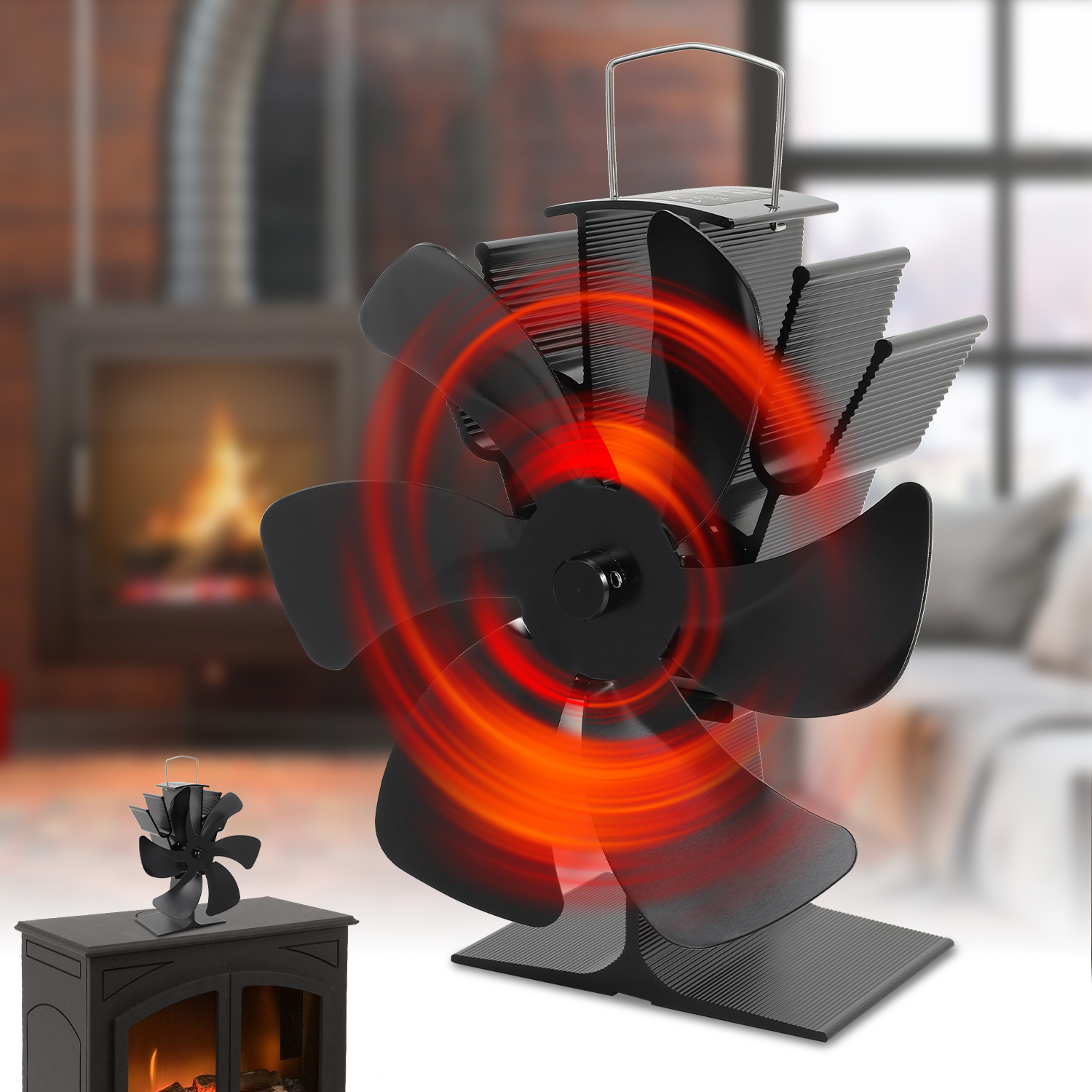 Jiubiaz 6-flügel Ofenventilator, Wärmebetriebener Kaminventilator Ohne Strom, Leise, Mit Thermometer, 50–350 °c, Schwarz