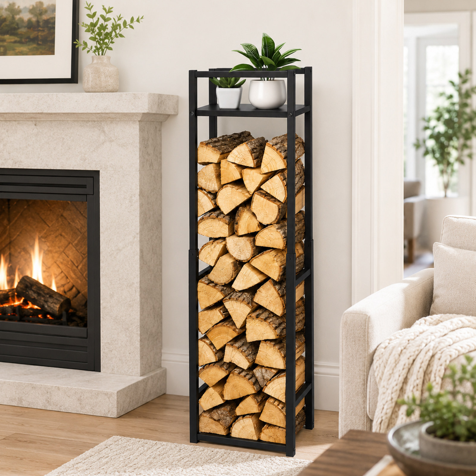 Jiubiaz Kaminholzständer Mit Oberer Ablage, Verstellbar, 45 × 32 × 120/145/170 Cm, 100 Kg Regaltraglast, 100 Kg, Schwarz Beschichtetes Eisen