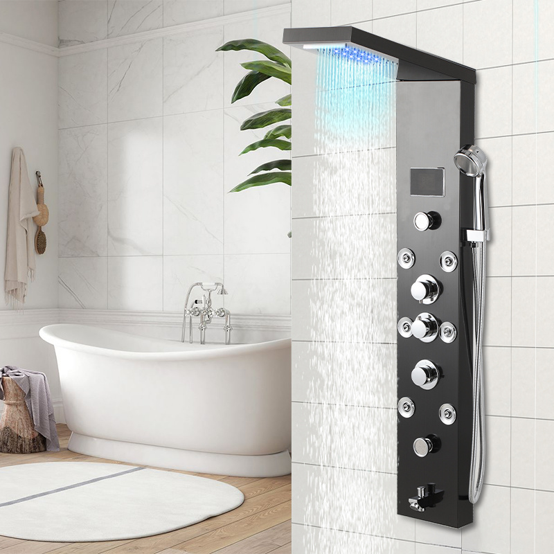 Jiubiaz Duschpaneel Schwarz Mit Led Und Großem Batteriebetriebenem Display, Duschsäule Mit Handbrause