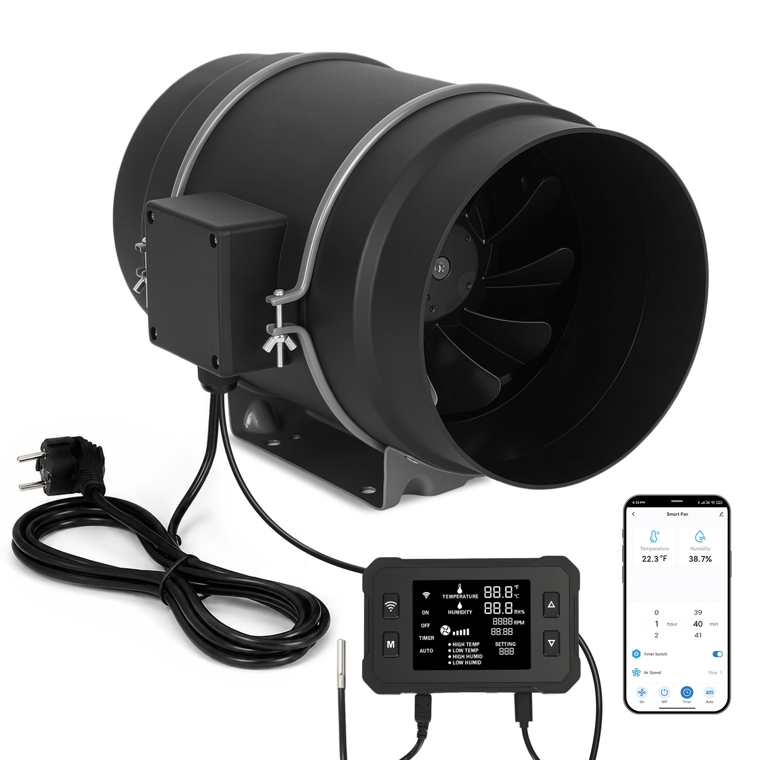 Jiubiaz Rohrventilator 200 Mm Mit App-steuerung Und Display Für Zu- Und Abluft