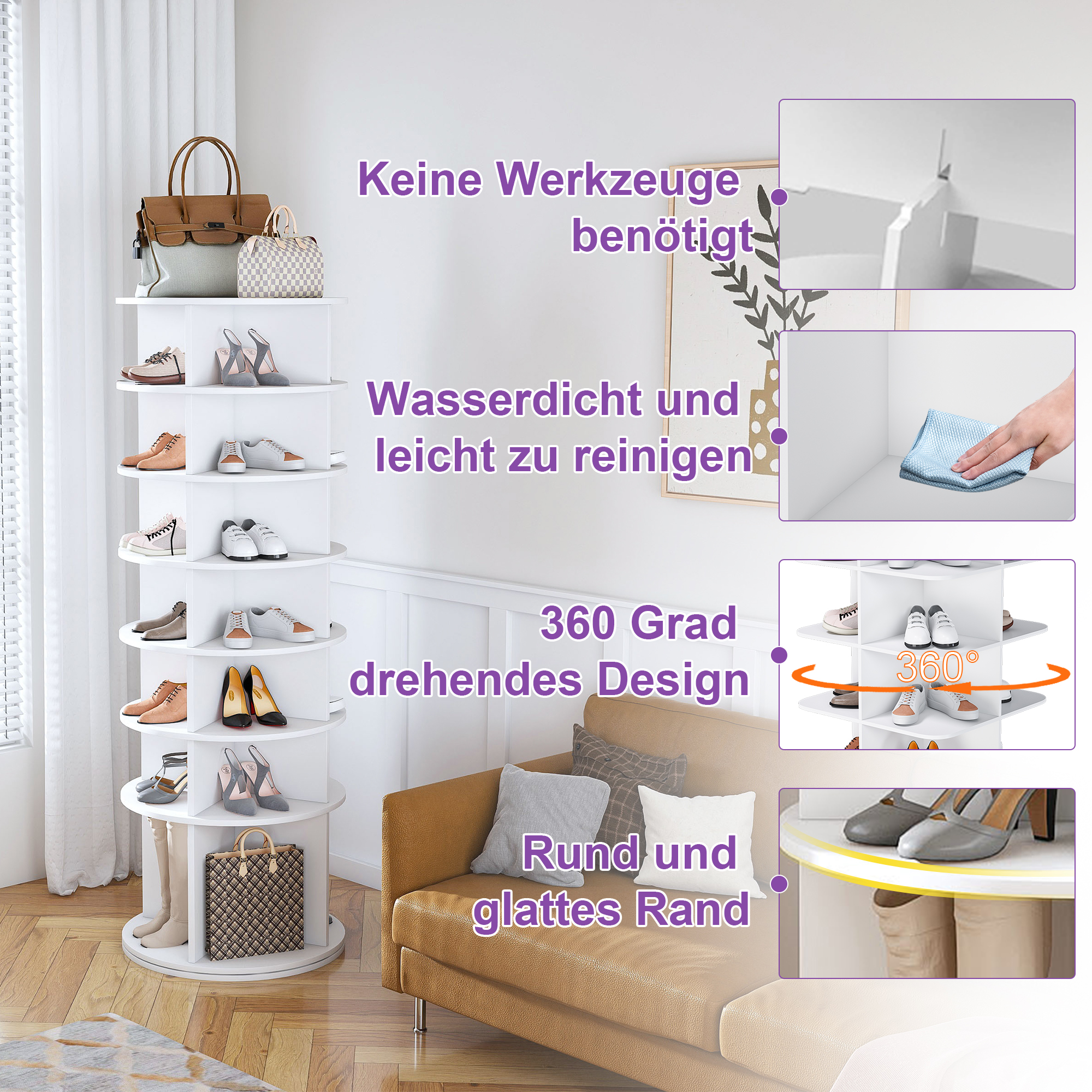 Schuhschrank, Drehbar, 60 X 60 X 184 Cm, Altweiß