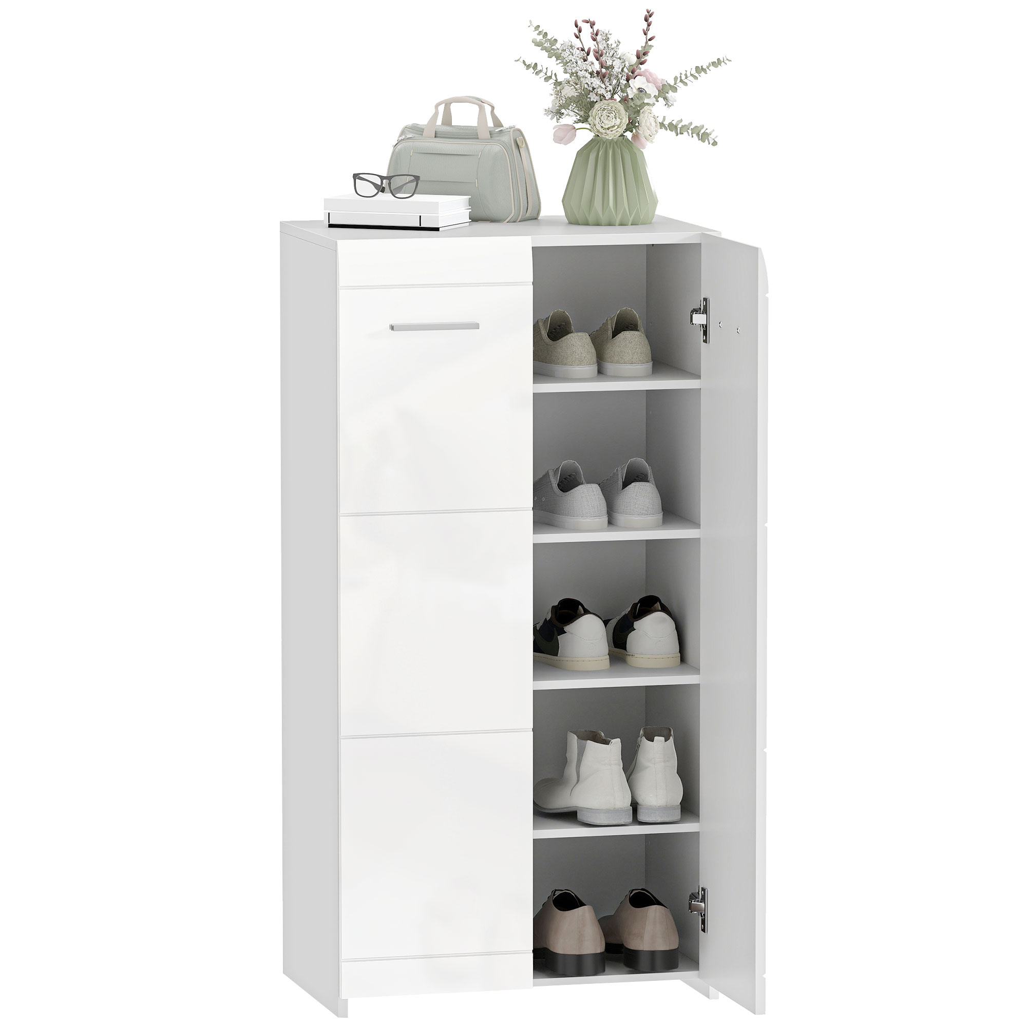 Schuhschrank, Verstellbar, 55 X 36 X 108 Cm, Glänzend Weiß