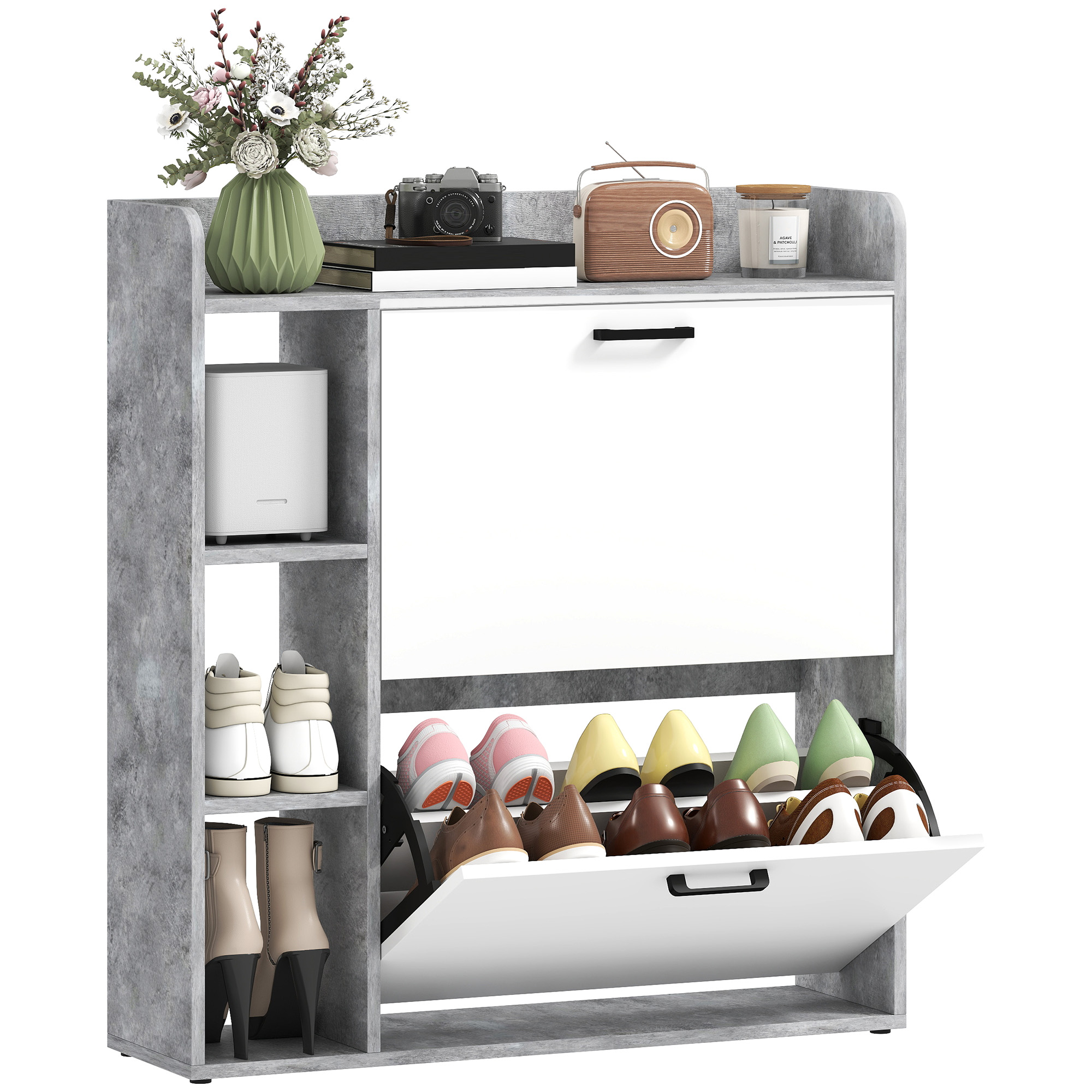 Schuhschrank, 83 X 24 X 90,5 Cm, Weiß Und Grau