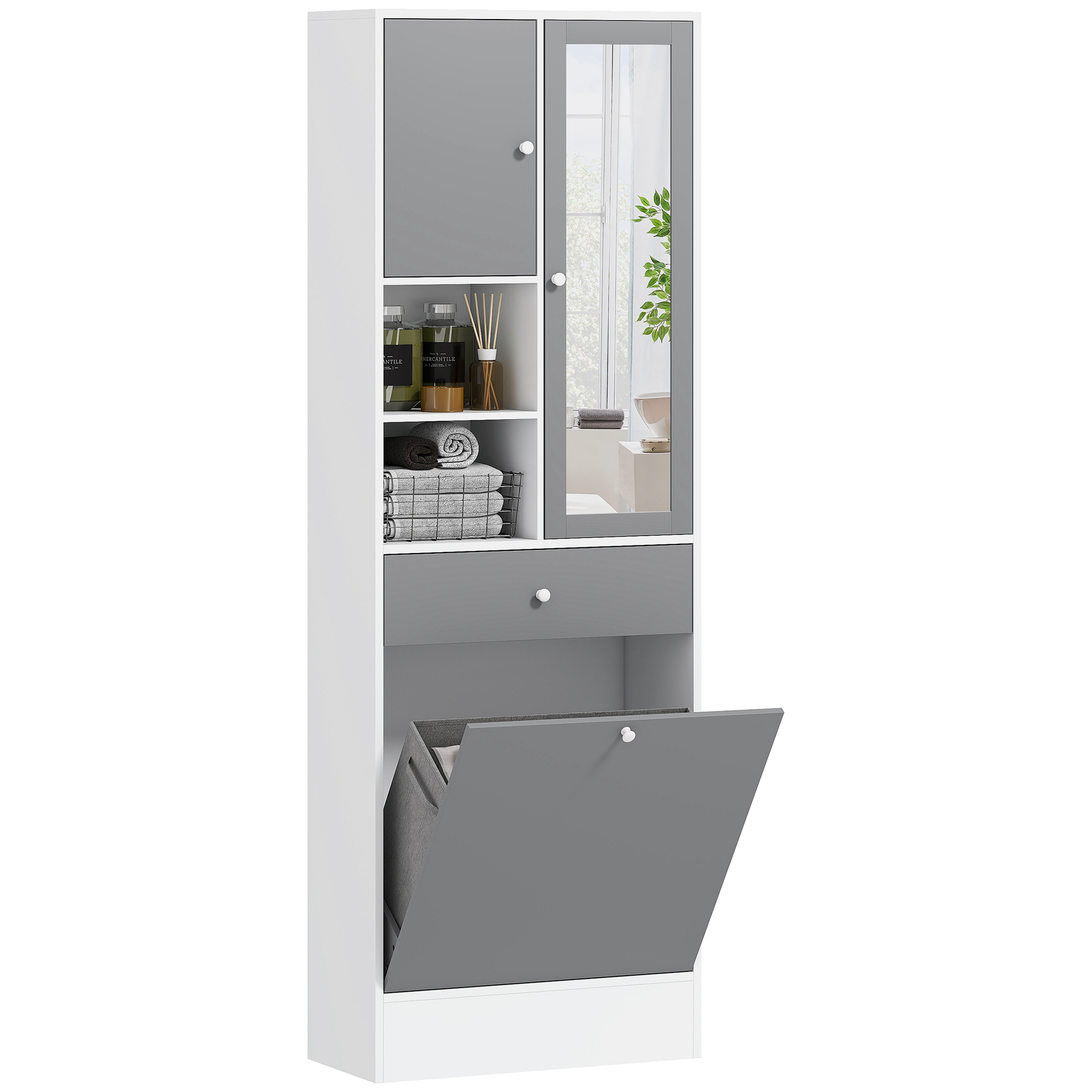 Badezimmermöbel, Mit Spiegel, 62 X 28,3 X 181, Grau Und Weiß